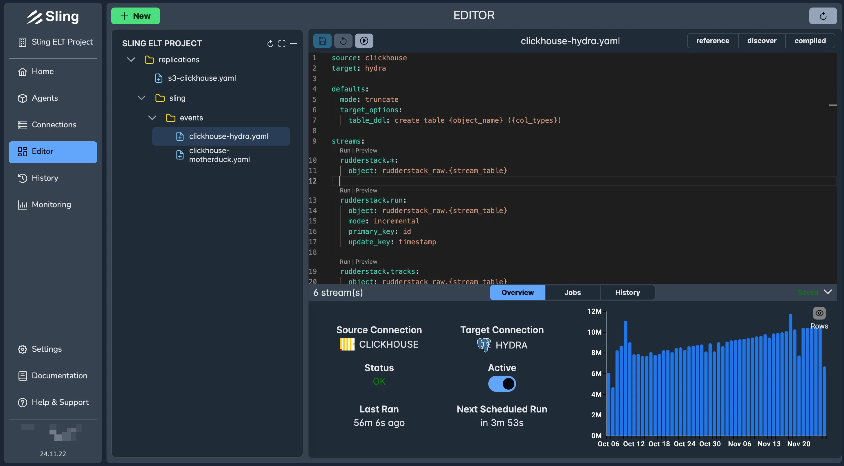 Sling Platform editor — YAML config, run history, and connection status in one view